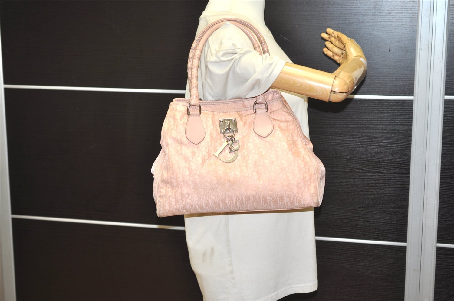 Authentic Christian Dior Trotter Lovely Hand Tote Bag Nylon Leather Pink 3423J