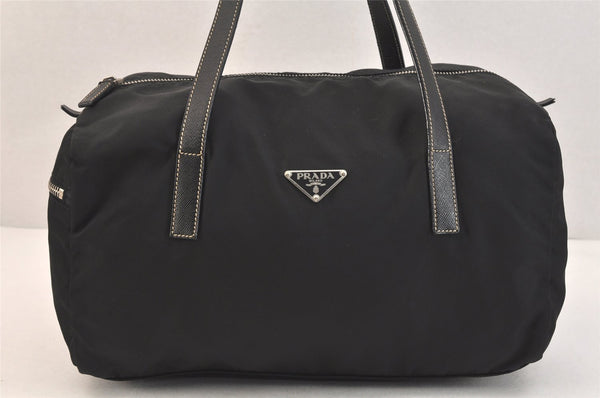 Authentic PRADA Vintage Nylon Tessuto Leather Hand Boston Bag Purse Black 3426K