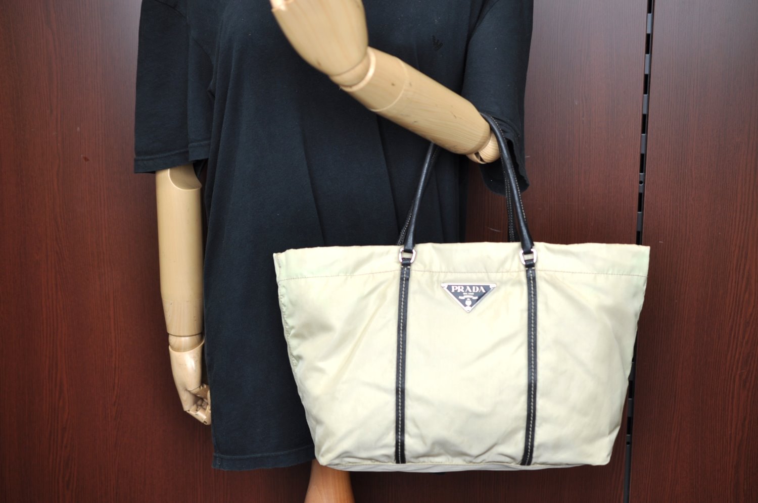 Authentic PRADA Vintage Nylon Tessuto Leather Tote Hand Bag Light Beige 3432I