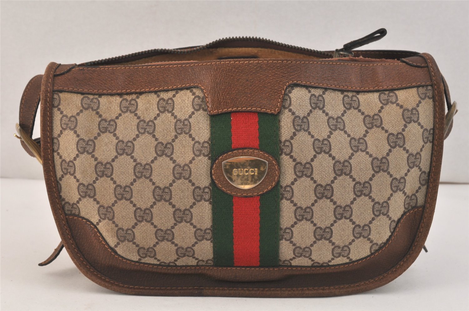 Authentic GUCCI Web Sherry Line Shoulder Bag GG PVC Leather Brown Junk 3437K