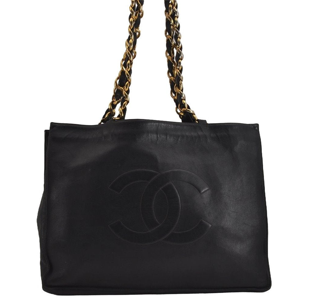 Authentic CHANEL Calf Skin CoCo Mark Chain Shoulder Tote Bag Black CC 3440J