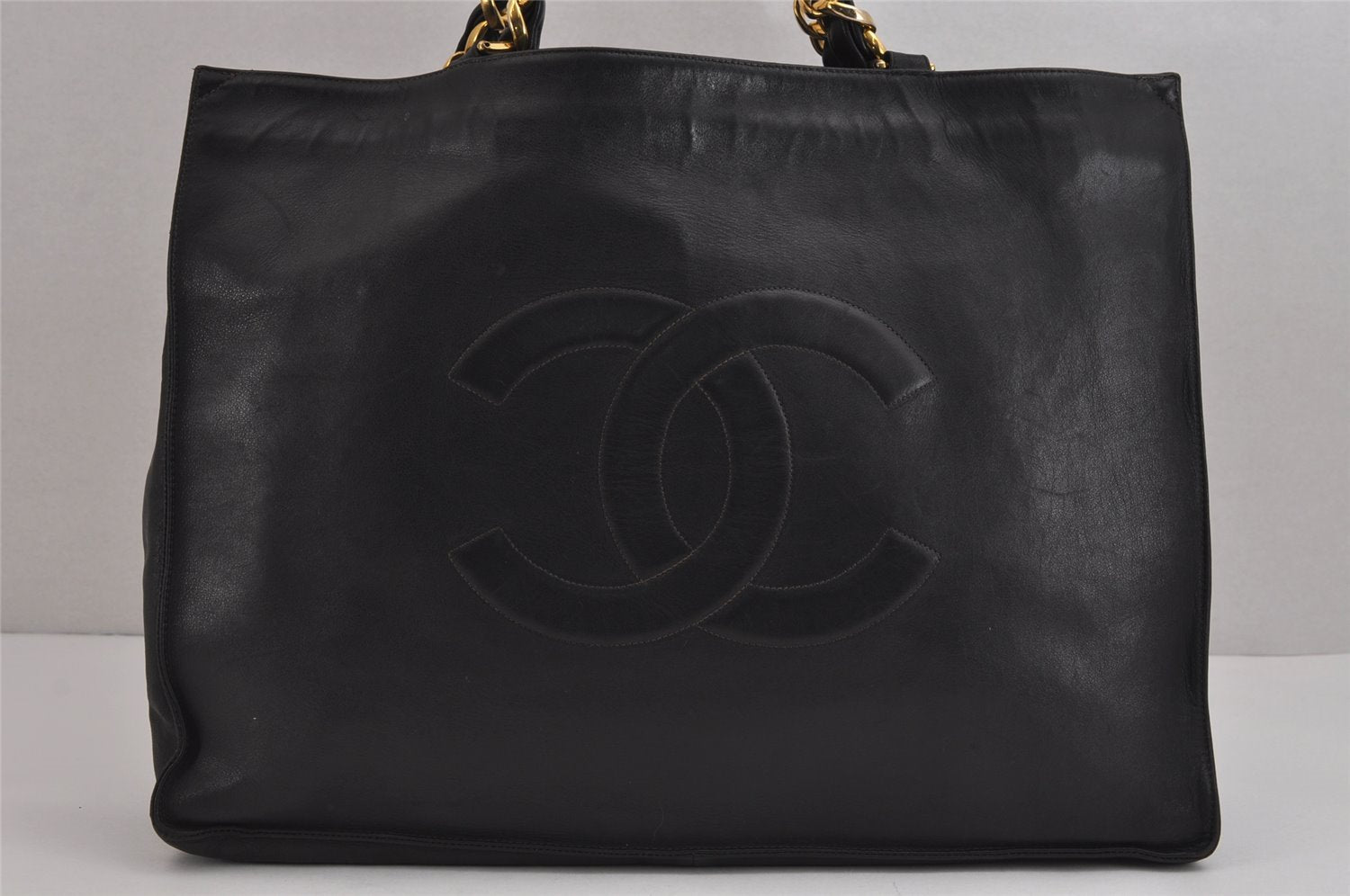 Authentic CHANEL Calf Skin CoCo Mark Chain Shoulder Tote Bag Black CC 3440J