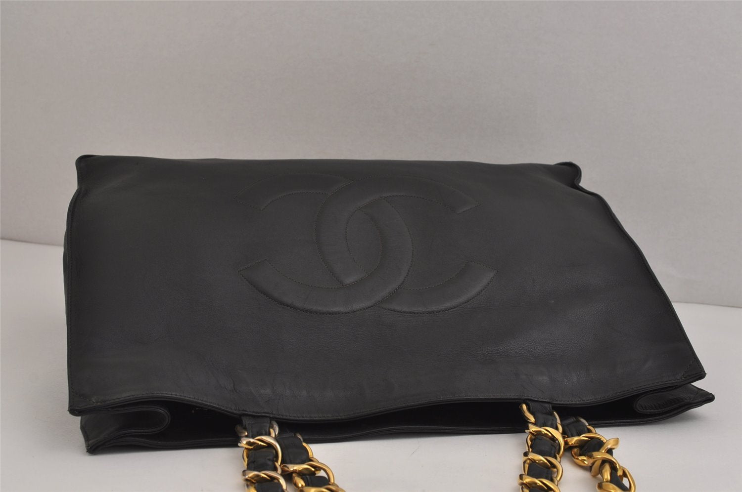 Authentic CHANEL Calf Skin CoCo Mark Chain Shoulder Tote Bag Black CC 3440J