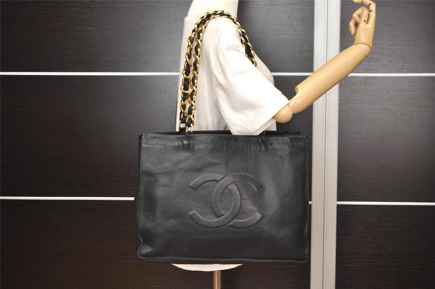 Authentic CHANEL Calf Skin CoCo Mark Chain Shoulder Tote Bag Black CC 3440J