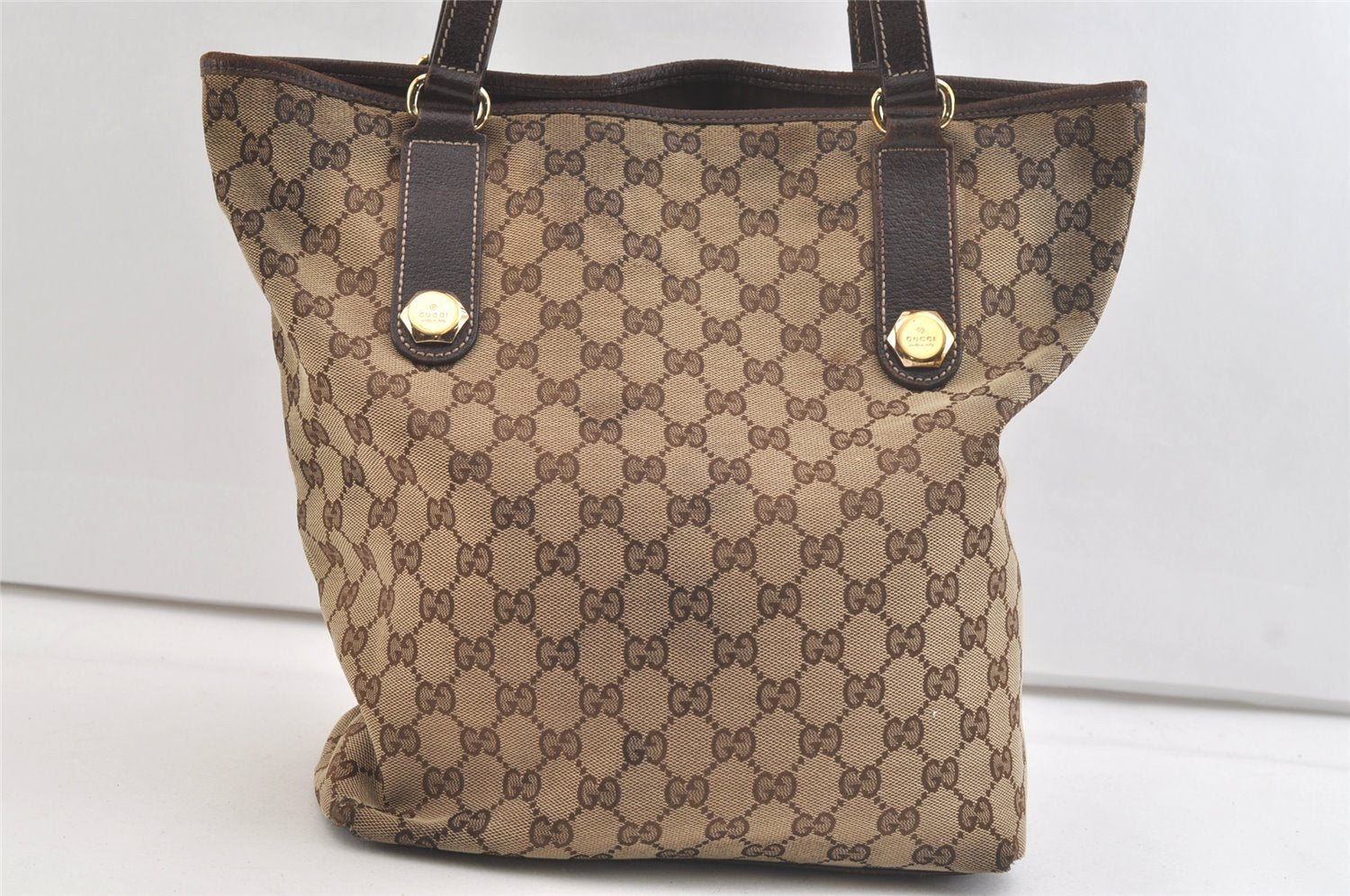 Authentic GUCCI Charmy Shoulder Tote Bag GG Canvas Leather 153009 Brown 3448K