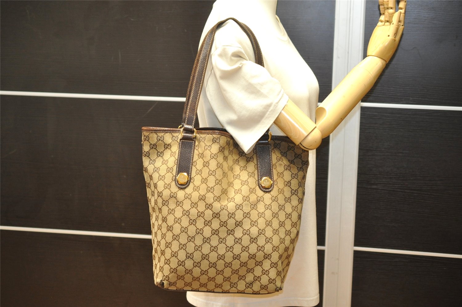 Authentic GUCCI Charmy Shoulder Tote Bag GG Canvas Leather 153009 Brown 3448K