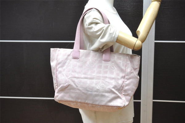 Authentic CHANEL New Travel Line Shoulder Tote Bag Nylon Leather Pink 3449K