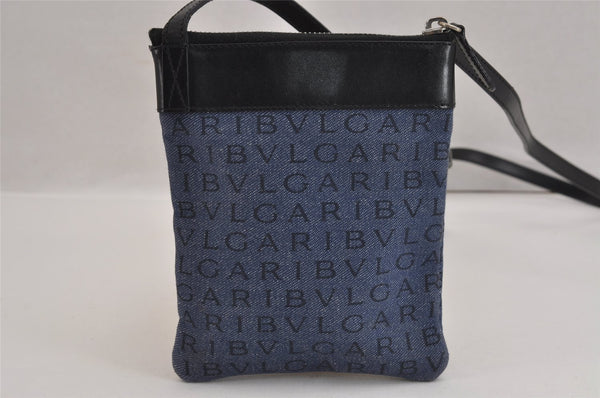 Authentic BVLGARI Logomania Shoulder Cross Bag Purse Canvas Leather Blue 3457J