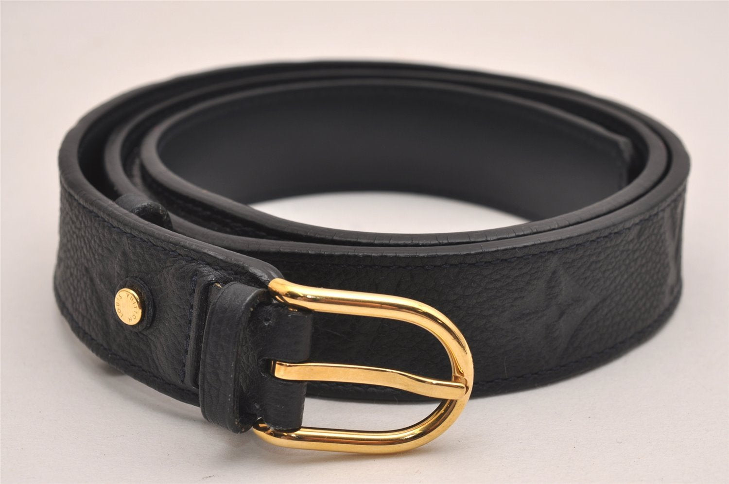 Auth Louis Vuitton Monogram Empreinte Ceinture Grasses Belt Navy 36