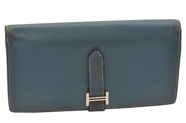 Authentic HERMES Bearn Soufflet Leather Long Wallet Purse Light Blue 3465J