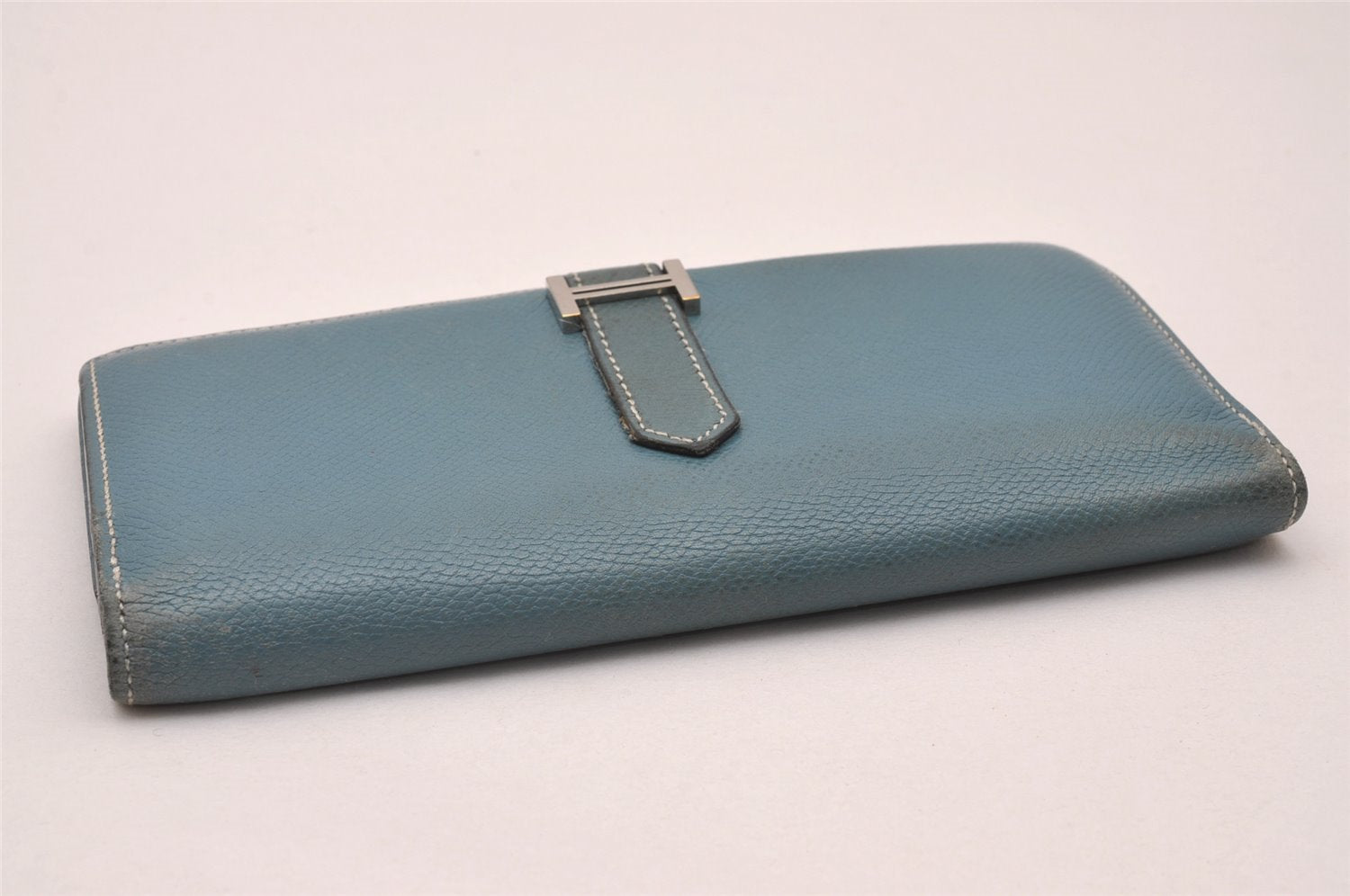 Authentic HERMES Bearn Soufflet Leather Long Wallet Purse Light Blue 3465J