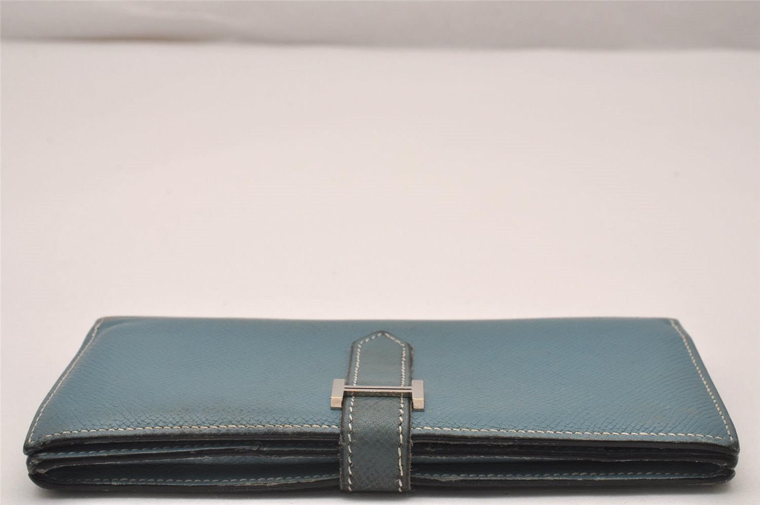 Authentic HERMES Bearn Soufflet Leather Long Wallet Purse Light Blue 3465J