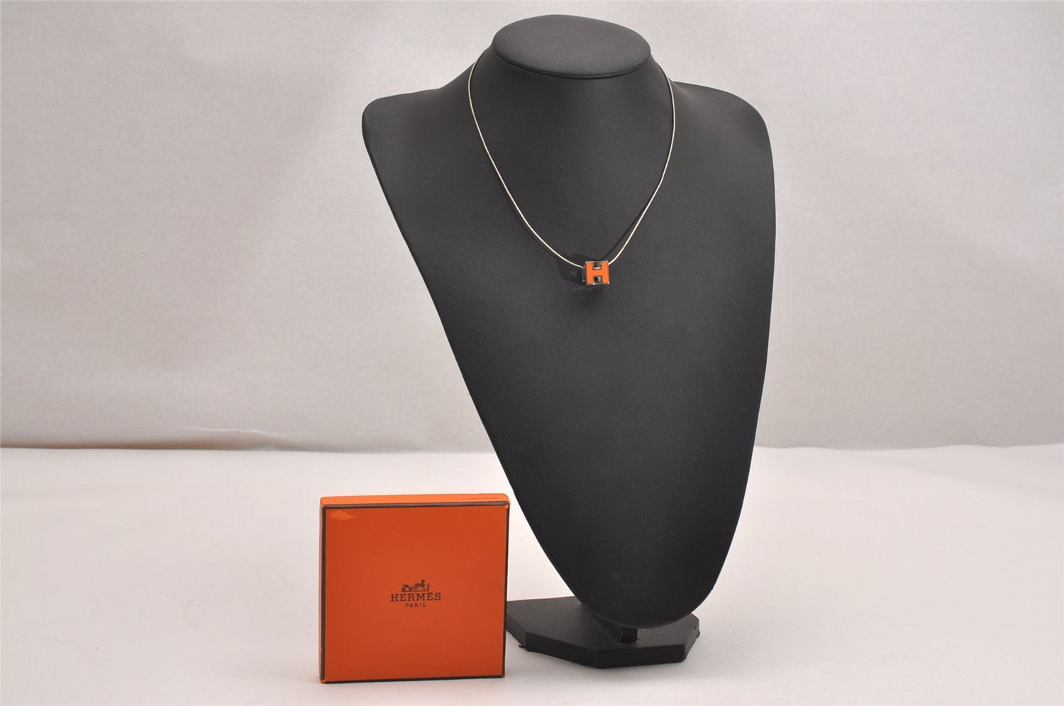 Authentic HERMES Cage De Ash H Cube Pendant Necklace Silver Orange Box 3467J