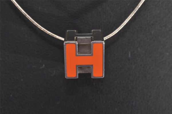 Authentic HERMES Cage De Ash H Cube Pendant Necklace Silver Orange Box 3467J