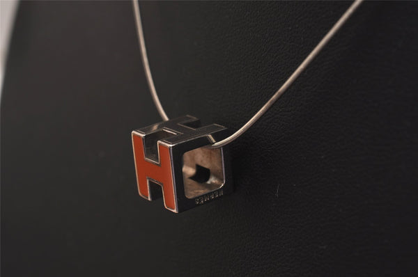 Authentic HERMES Cage De Ash H Cube Pendant Necklace Silver Orange Box 3467J