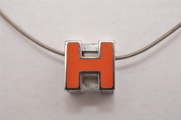 Authentic HERMES Cage De Ash H Cube Pendant Necklace Silver Orange Box 3467J