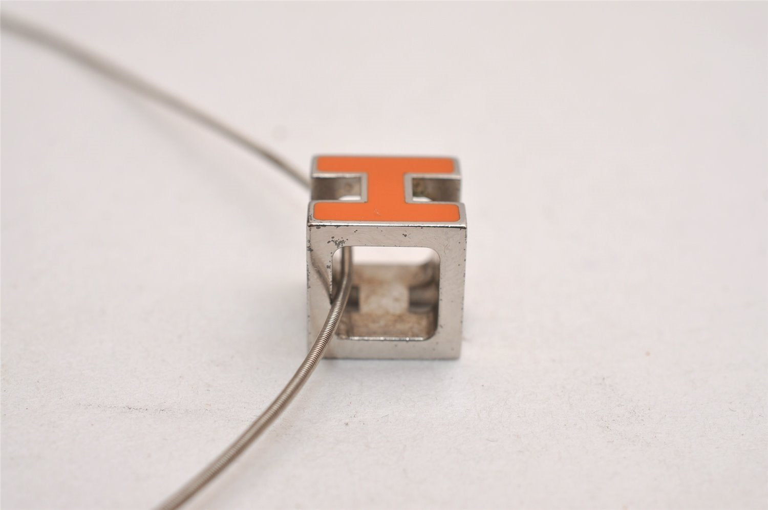 Authentic HERMES Cage De Ash H Cube Pendant Necklace Silver Orange Box 3467J