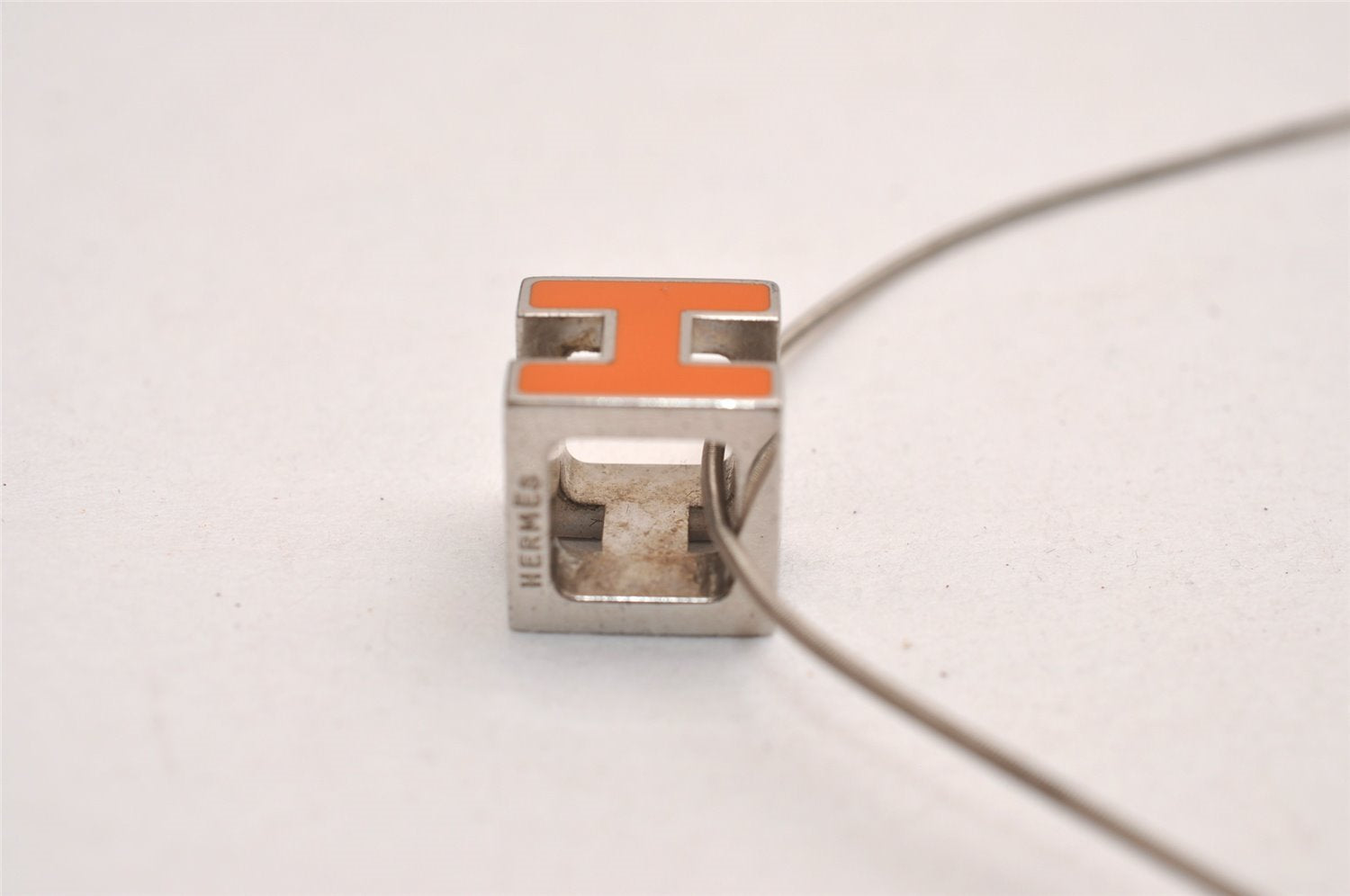 Authentic HERMES Cage De Ash H Cube Pendant Necklace Silver Orange Box 3467J