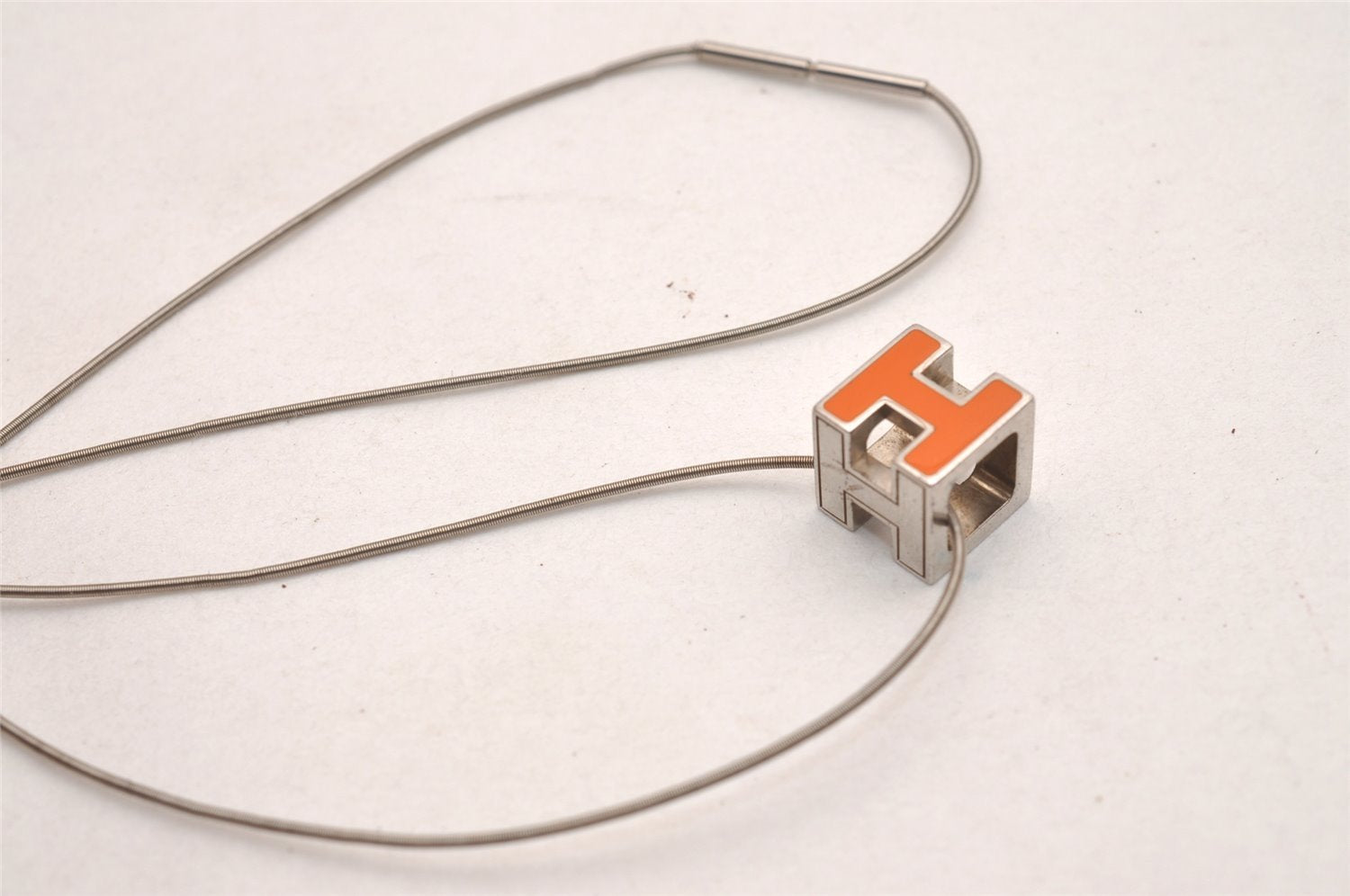 Authentic HERMES Cage De Ash H Cube Pendant Necklace Silver Orange Box 3467J