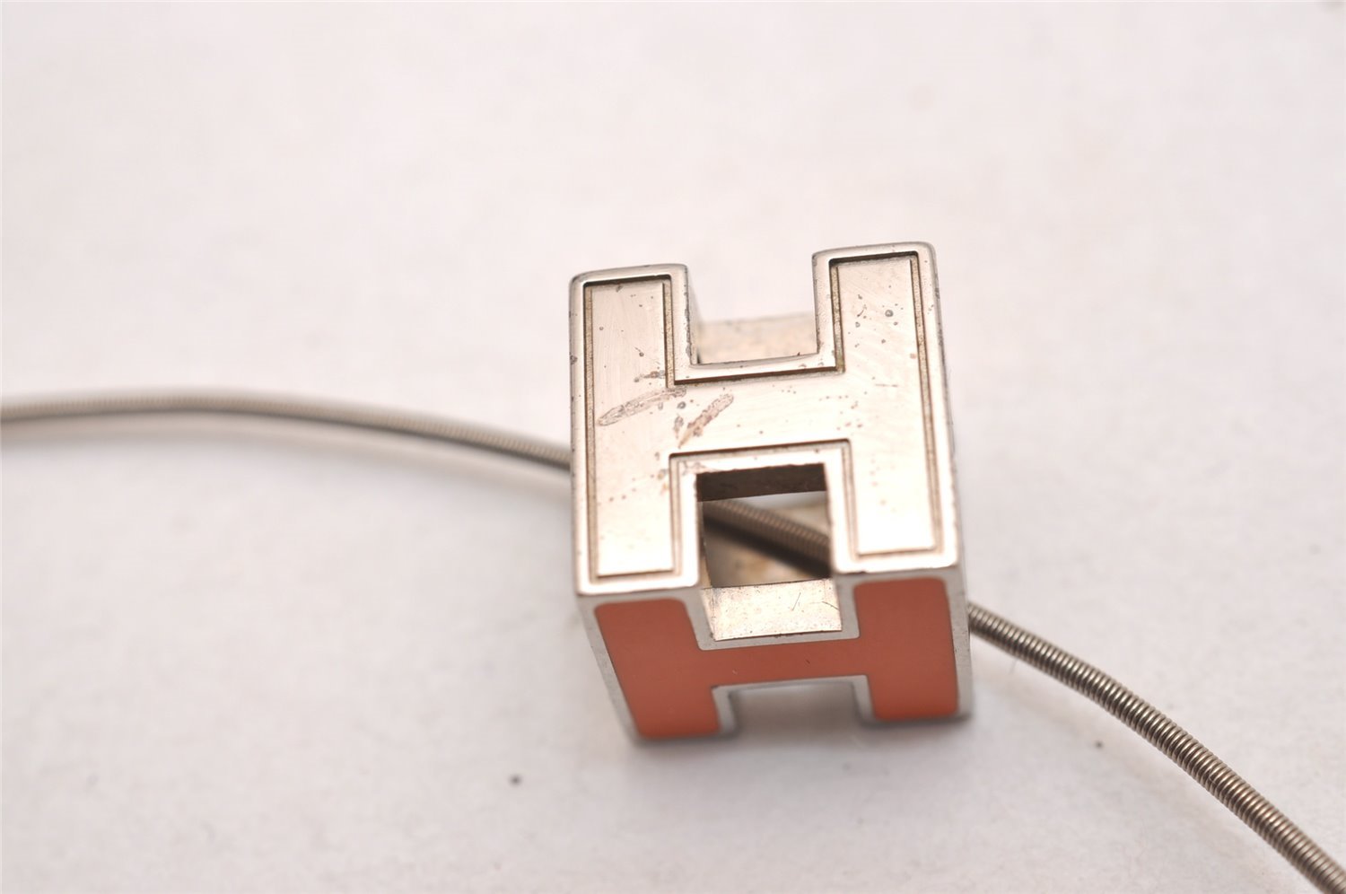 Authentic HERMES Cage De Ash H Cube Pendant Necklace Silver Orange Box 3467J