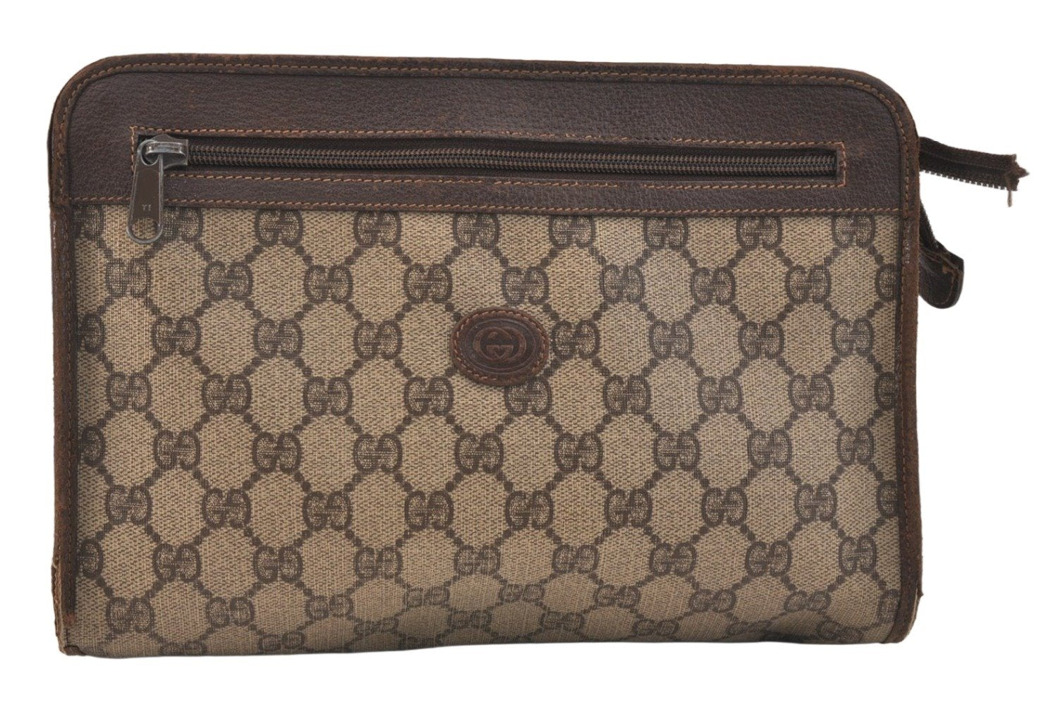 Authentic GUCCI Vintage Clutch Hand Bag Purse GG PVC Leather Brown 3479K