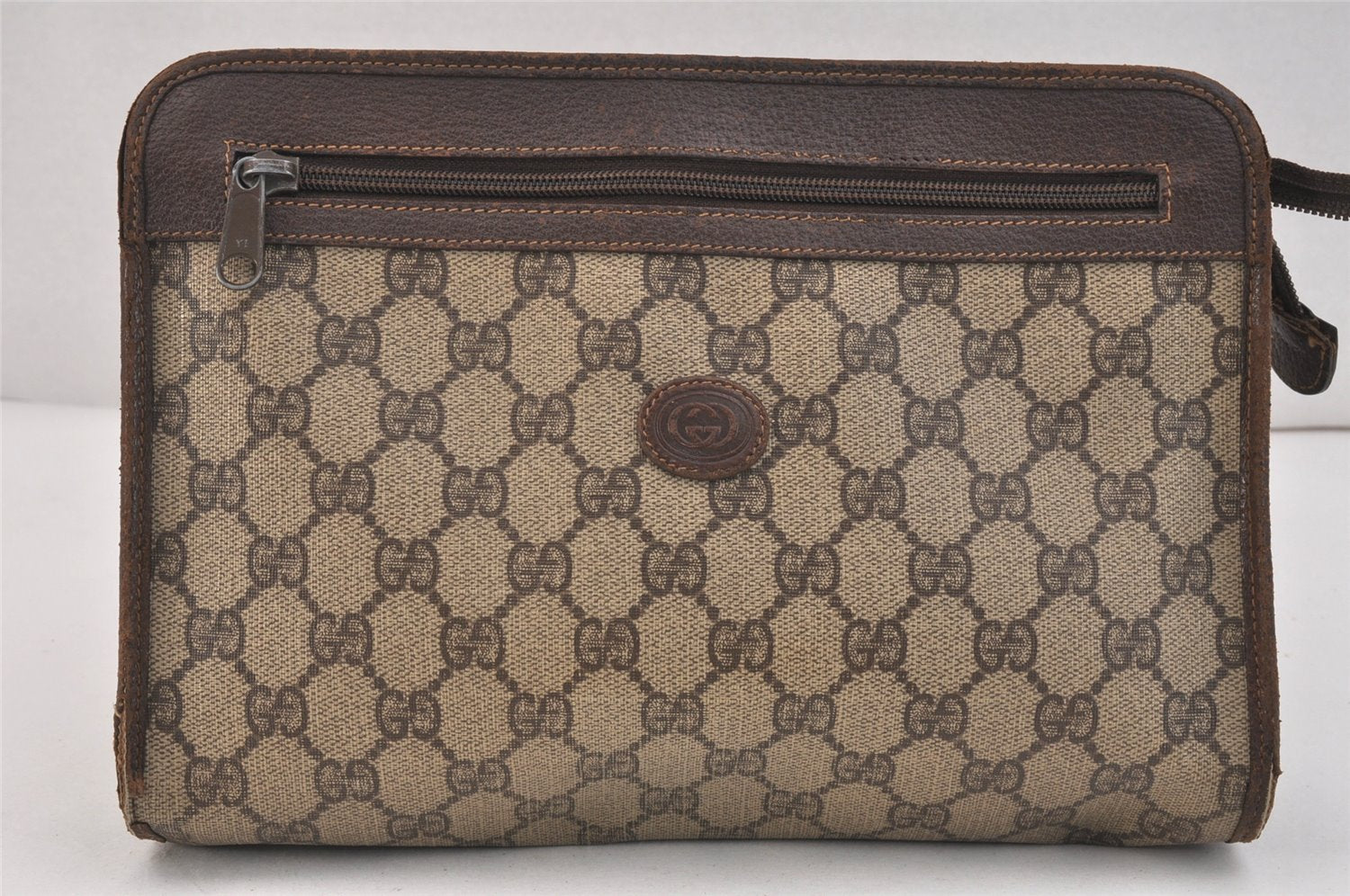 Authentic GUCCI Vintage Clutch Hand Bag Purse GG PVC Leather Brown 3479K