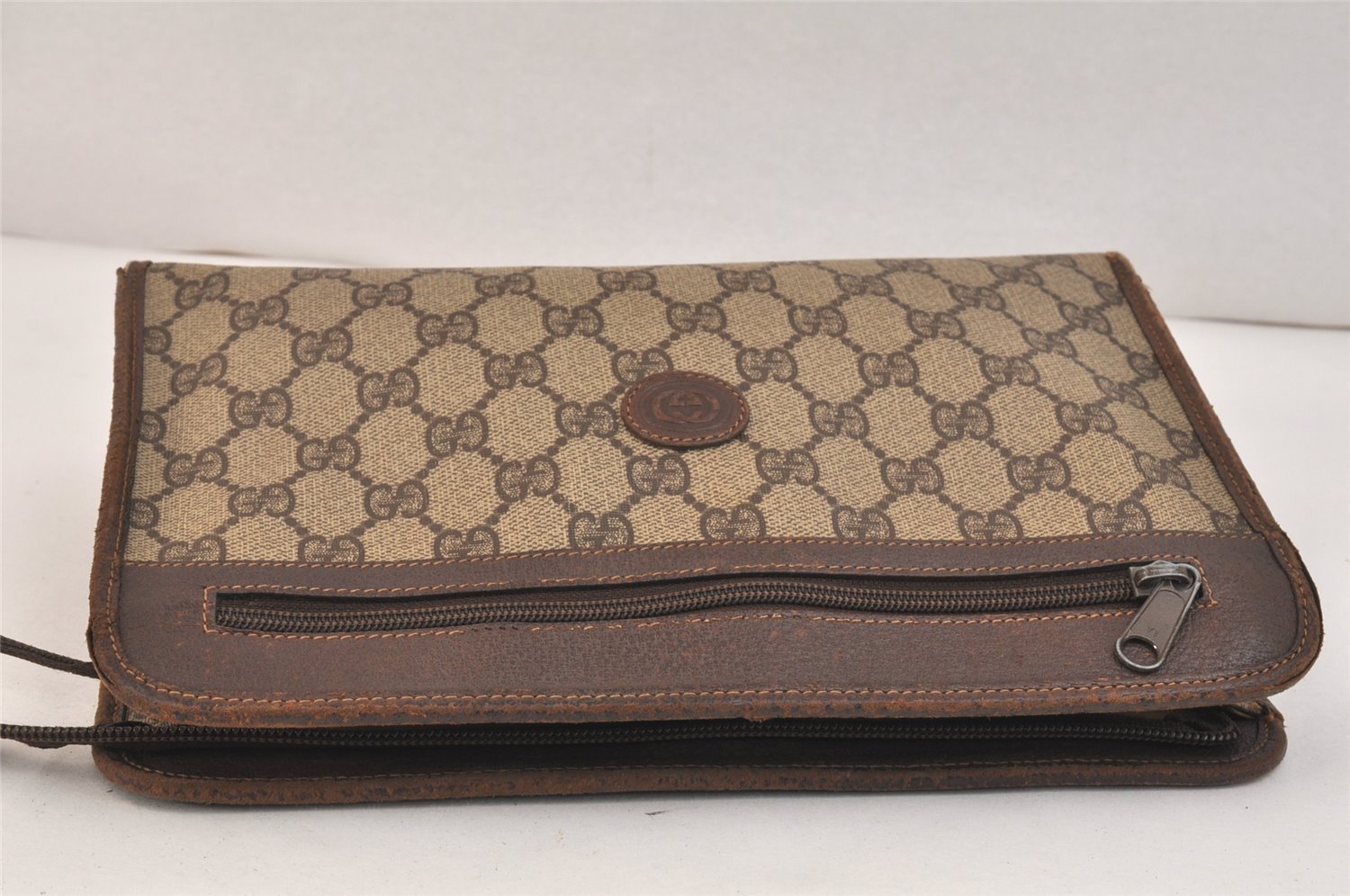 Authentic GUCCI Vintage Clutch Hand Bag Purse GG PVC Leather Brown 3479K