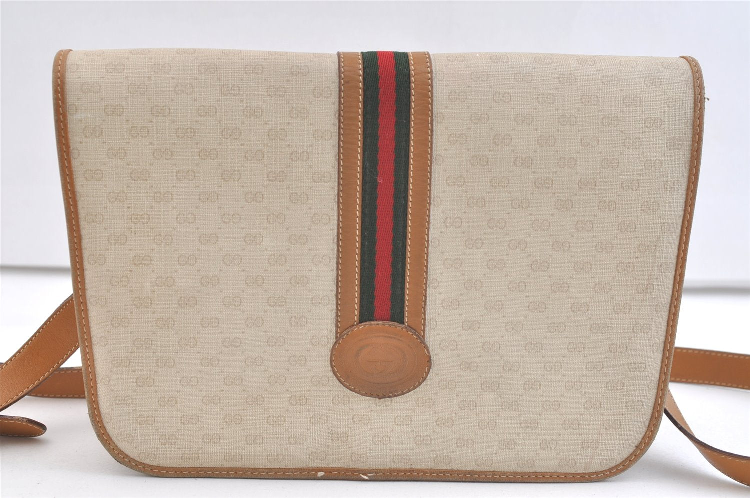 Authentic GUCCI Web Sherry Line Micro GG Shoulder Bag PVC Leather Beige 3483K