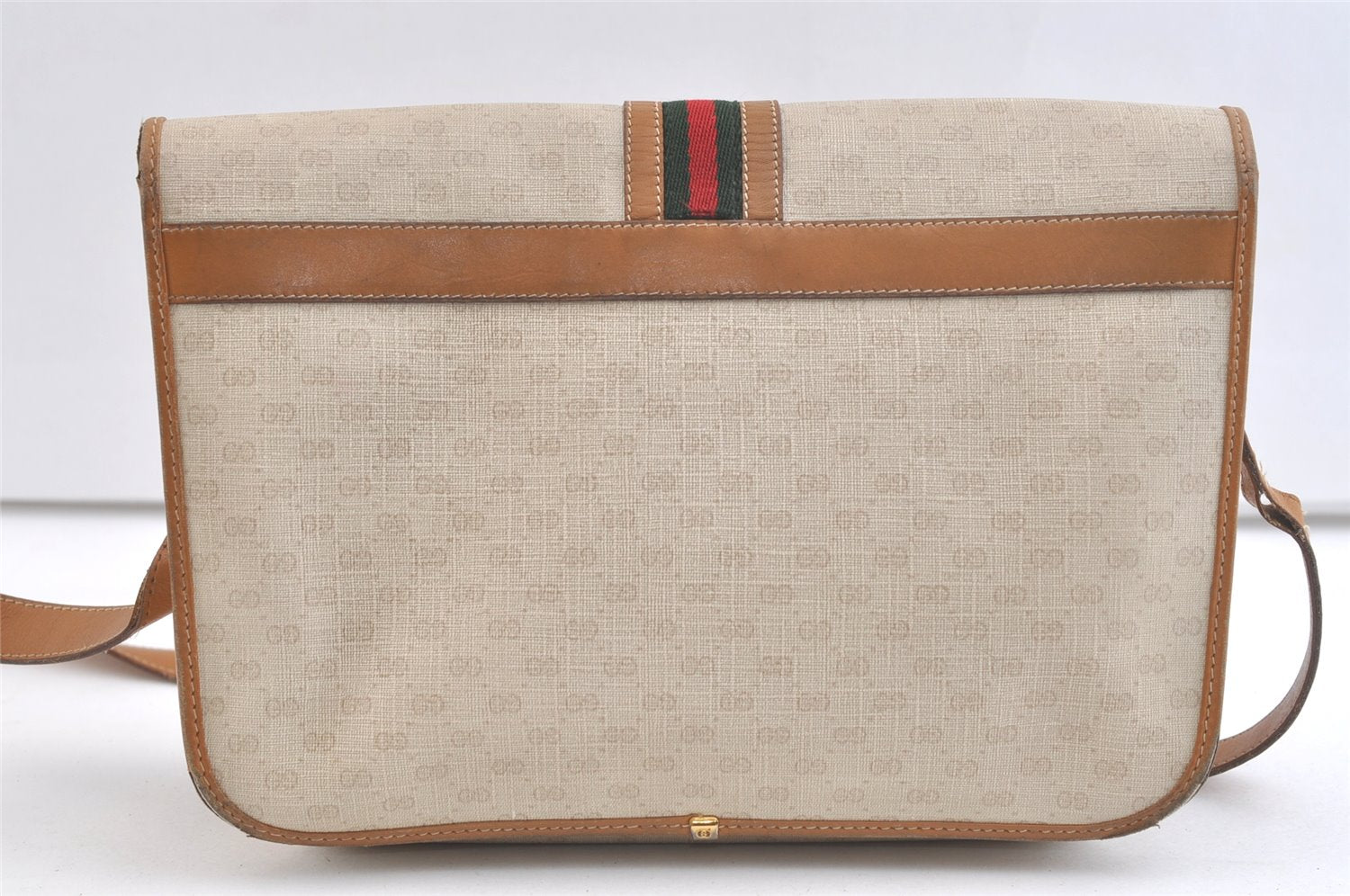 Authentic GUCCI Web Sherry Line Micro GG Shoulder Bag PVC Leather Beige 3483K