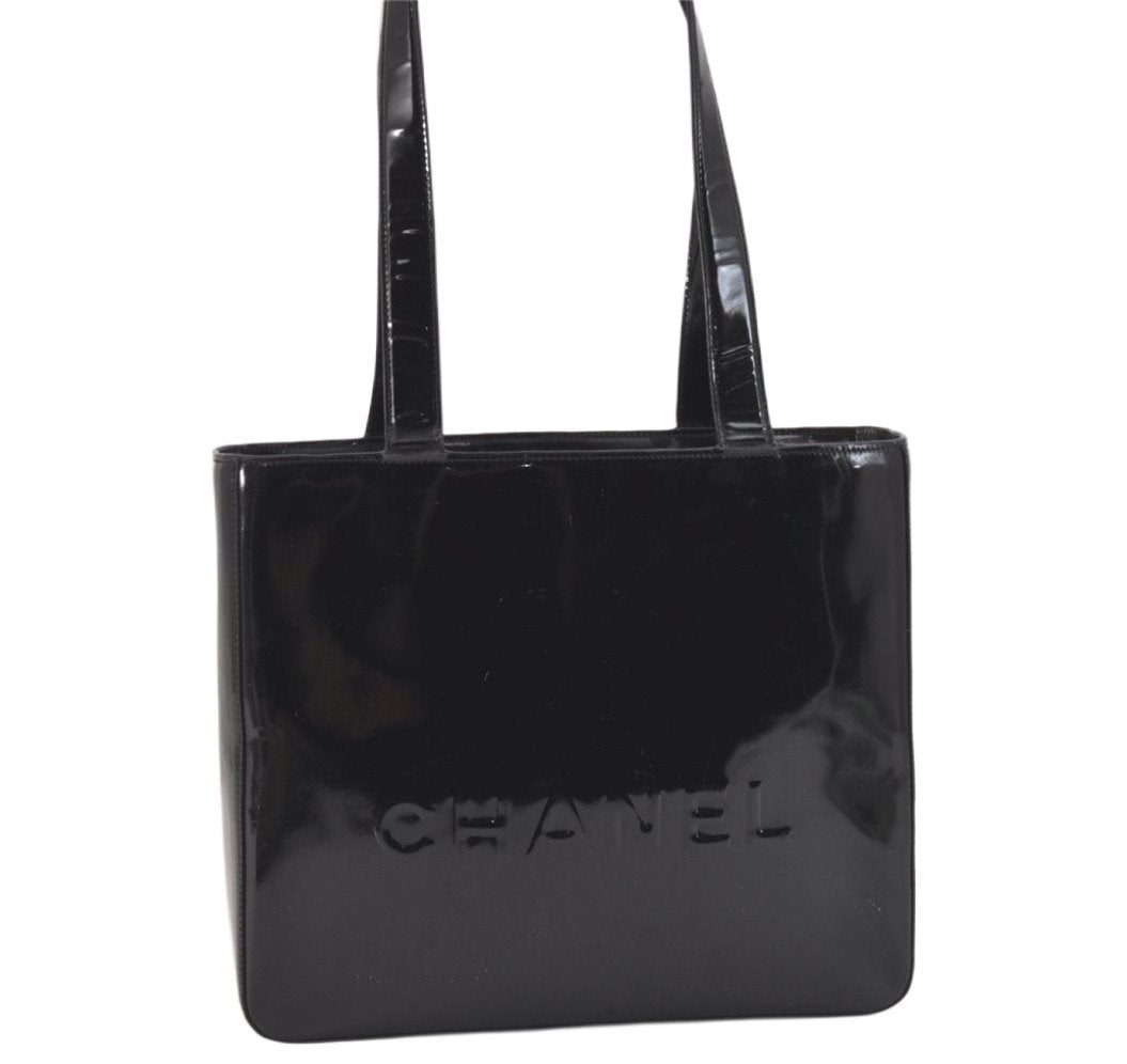 Authentic CHANEL Vintage Enamel Shoulder Hand Bag Purse Black 3485K