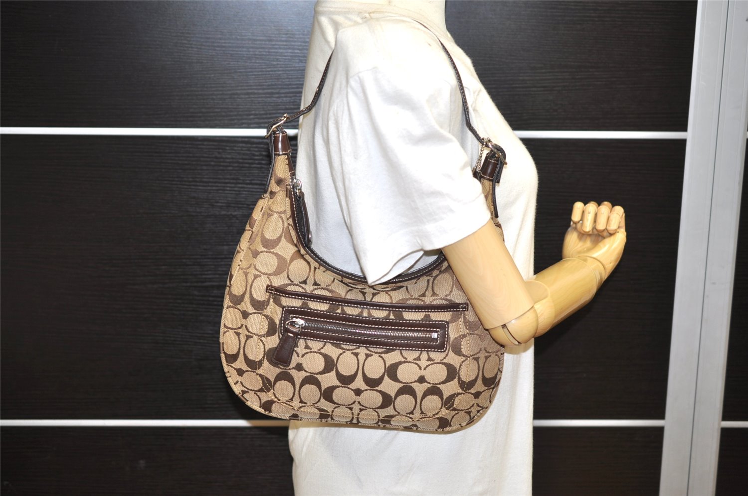 Authentic COACH Signature Shoulder Hand Bag Canvas Leather 6045 Brown 3487K