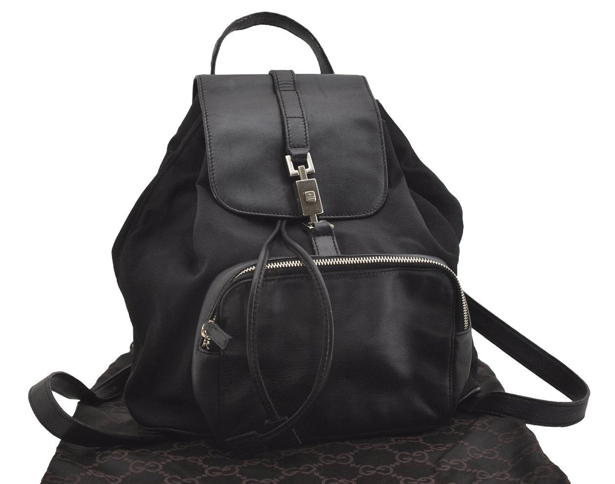 Authentic GUCCI Vintage Jackie Backpack Purse Nylon Leather 0030245 Black 3491J