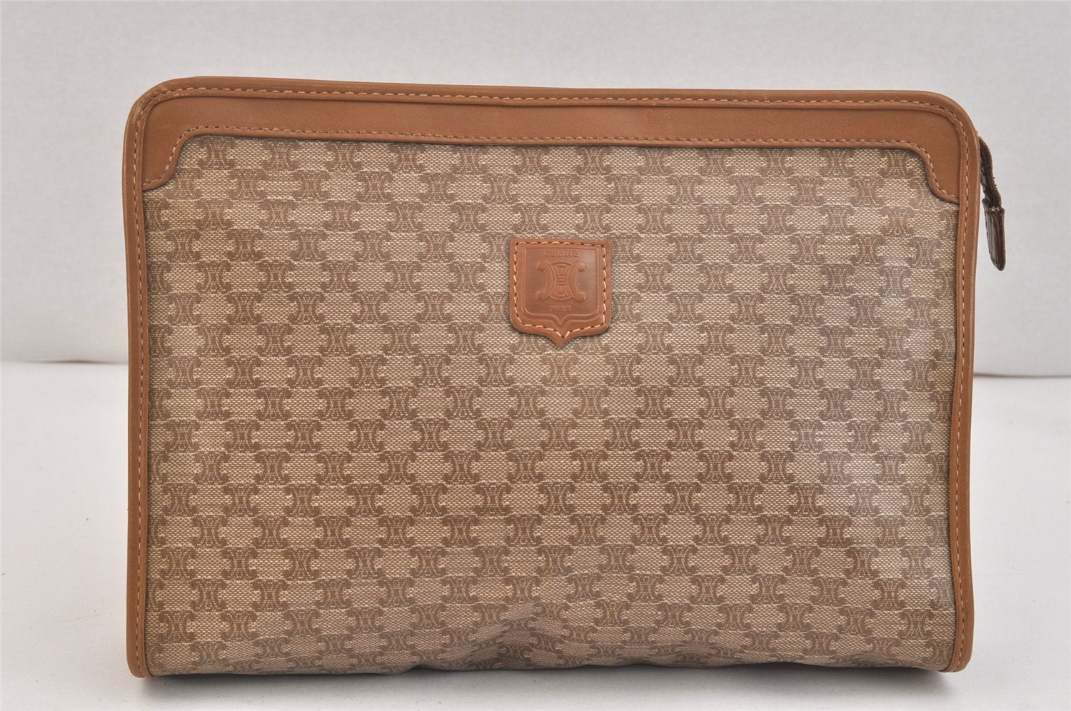 Authentic CELINE Macadam Blason Pattern Clutch Hand Bag PVC Leather Brown 3495K