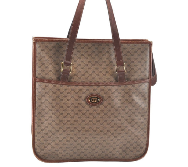 Authentic GUCCI Web Sherry Line Micro GG Tote Bag PVC Leather Brown Junk 3499J