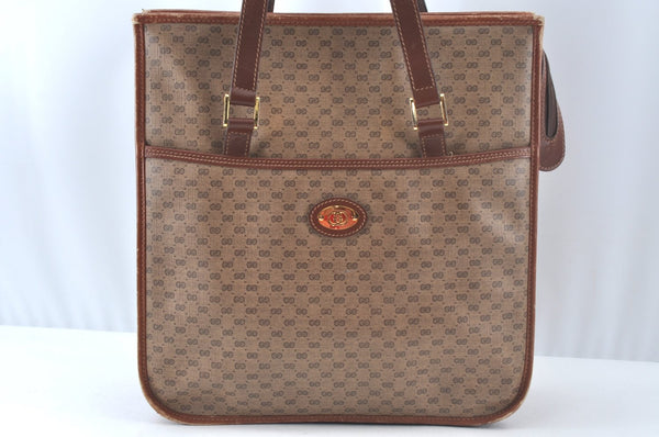 Authentic GUCCI Web Sherry Line Micro GG Tote Bag PVC Leather Brown Junk 3499J