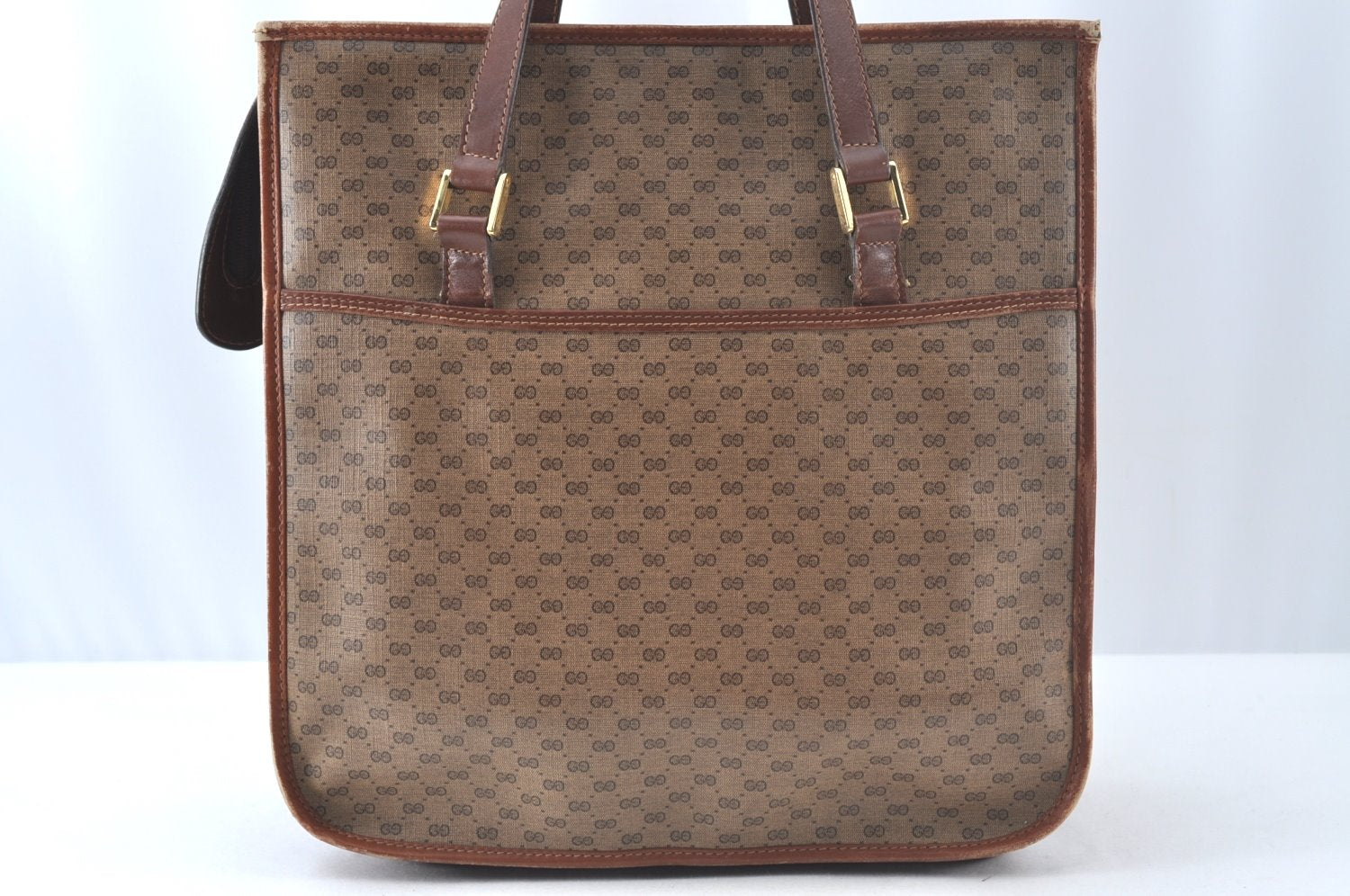 Authentic GUCCI Web Sherry Line Micro GG Tote Bag PVC Leather Brown Junk 3499J