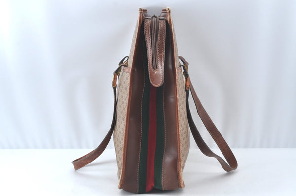 Authentic GUCCI Web Sherry Line Micro GG Tote Bag PVC Leather Brown Junk 3499J