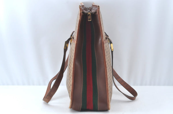 Authentic GUCCI Web Sherry Line Micro GG Tote Bag PVC Leather Brown Junk 3499J