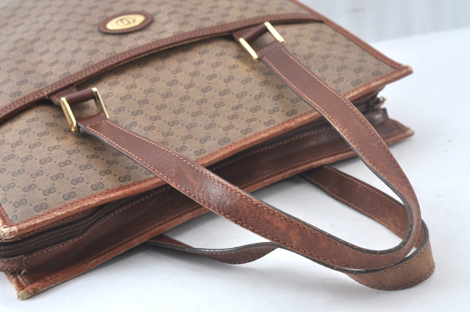 Authentic GUCCI Web Sherry Line Micro GG Tote Bag PVC Leather Brown Junk 3499J