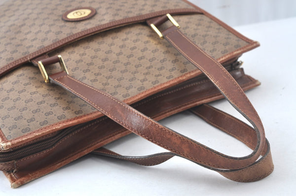 Authentic GUCCI Web Sherry Line Micro GG Tote Bag PVC Leather Brown Junk 3499J