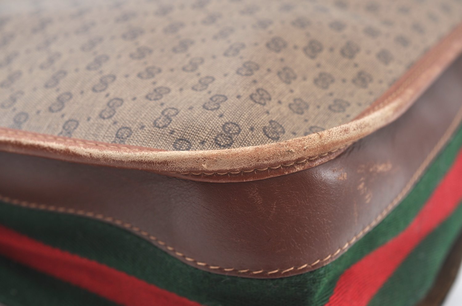 Authentic GUCCI Web Sherry Line Micro GG Tote Bag PVC Leather Brown Junk 3499J