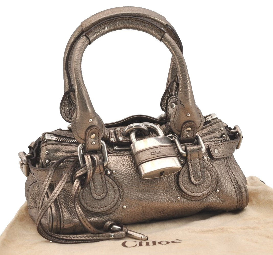 Authentic Chloe Mini Paddington Leather Hand Bag Purse Metallic Khaki 3502J