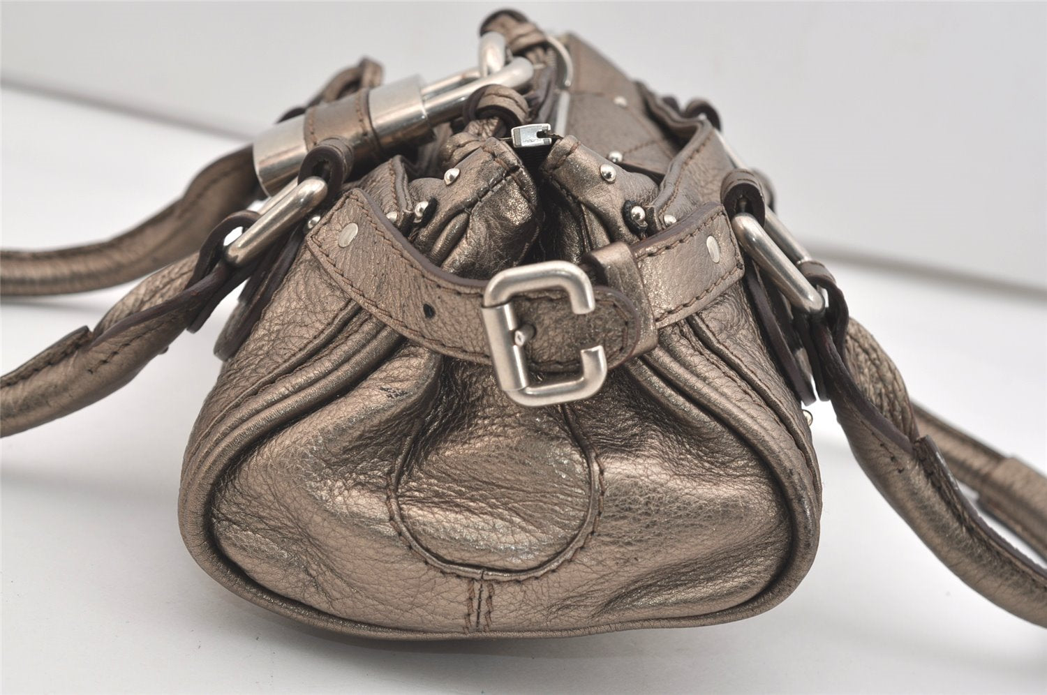 Authentic Chloe Mini Paddington Leather Hand Bag Purse Metallic Khaki 3502J