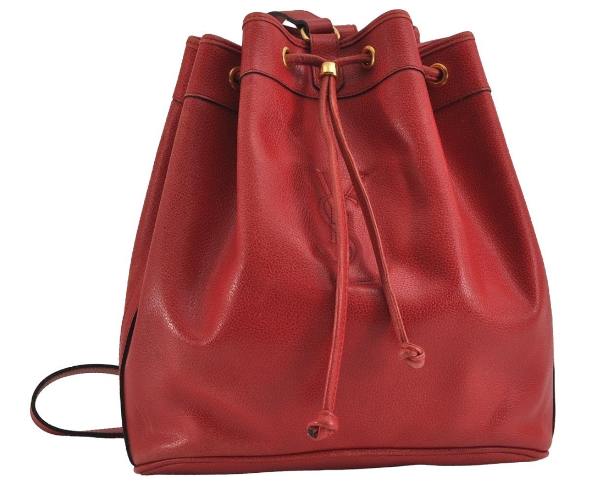 Authentic YVES SAINT LAURENT Shoulder Cross Drawstring Bag Leather Red 3506J