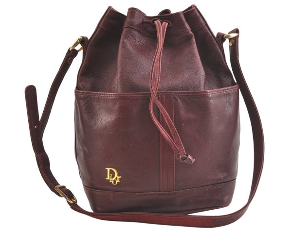 Authentic Christian Dior Shoulder Cross Drawstring Bag Leather Bordeaux CD 3506K