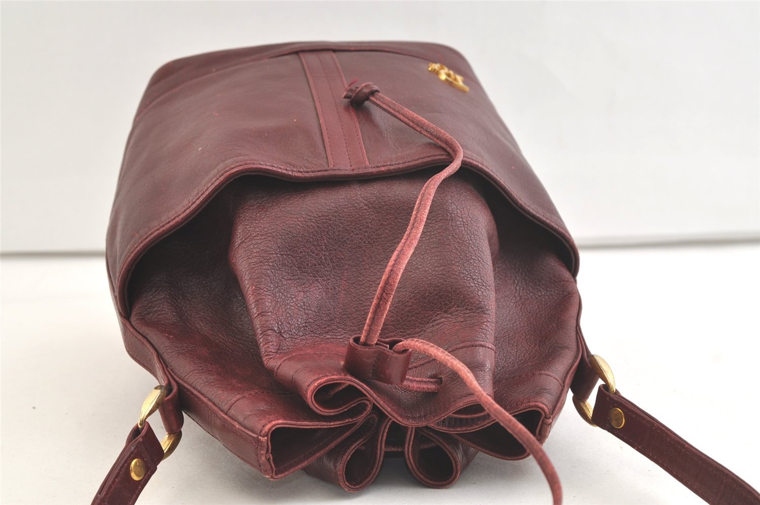 Authentic Christian Dior Shoulder Cross Drawstring Bag Leather Bordeaux CD 3506K