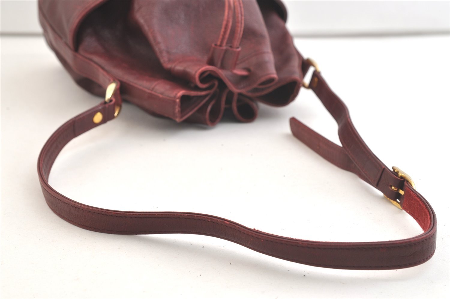 Authentic Christian Dior Shoulder Cross Drawstring Bag Leather Bordeaux CD 3506K