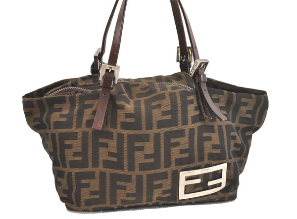 Authentic FENDI Zucca Vintage Hand Bag Purse Nylon Leather Brown 3507K