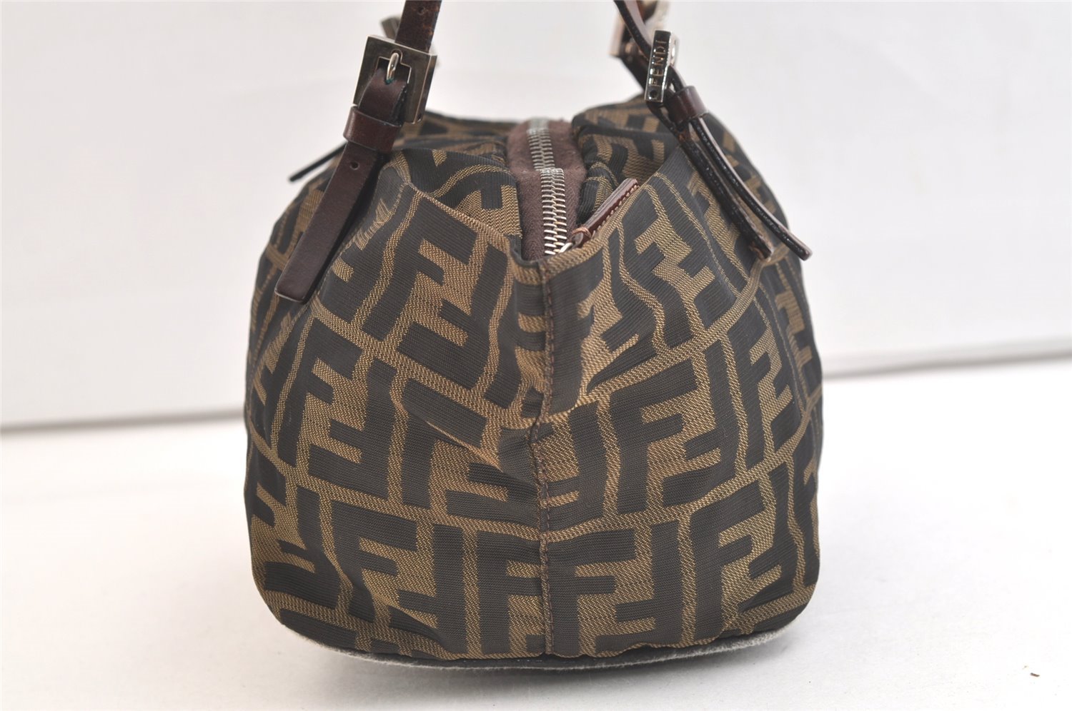 Authentic FENDI Zucca Vintage Hand Bag Purse Nylon Leather Brown 3507K