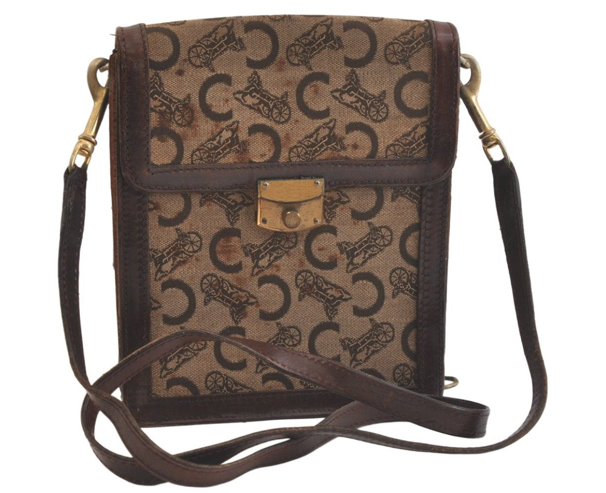 Authentic CELINE C Macadam Blason Shoulder Bag Canvas Leather Brown Junk 3511K